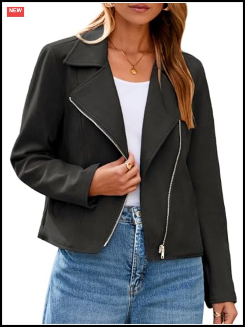 Faux Suede Cropped Moto Jacket Long Sleeve Zip Biker Fall Winter